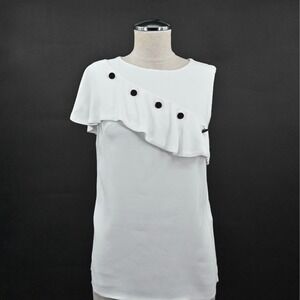 MAJE Womens Lorena White Ruffle Top‎ Size S Sleeveless Coquette Black Buttons
